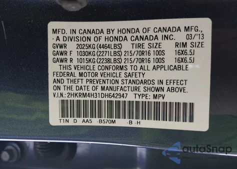 2013 Honda Cr-V Lx z USA, uszkodzony, nr VIN 2HKRM4H31DH642947
